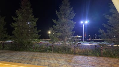 The image depicts an outdoor scene at night, likely in the city of Michurinsky Rural District, Kazakhstan. In the foreground, a paved patio area with a distinctive geometric pattern of beige and brown tiles is visible. A portion of a wooden railing or furniture is also present in the lower left and right corners. A decorative metal fence runs horizontally across the middle ground, with lush green grass and foliage behind it. Several tall evergreen trees are prominent in the scene, with their branches silhouetted against the dark night sky.
In the background, a street or road is illuminated by several bright streetlights. The lights cast a cool, bluish glow. In the distance, there are signs and structures that suggest an urban or commercial area, possibly including a tall sign with red lettering. The overall impression is one of a tranquil, well-lit outdoor space at night, with a mix of natural elements (trees, foliage) and man-made structures. There are no people visible in the image, and no actions or interactions are taking place.