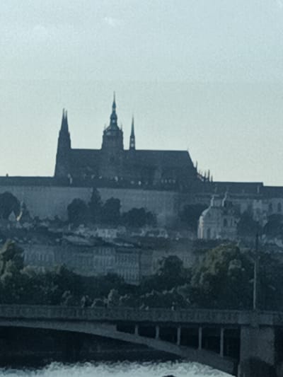 The image depicts a wide, panoramic view of Prague, Czechia, dominated by the imposing Gothic spires of a large cathedral complex, likely St. Vitus Cathedral within Prague Castle. The structures are silhouetted against a pale, overcast sky, suggesting a day with diffused light. The main cathedral features multiple towering spires, with the central structure appearing the tallest and most elaborate.
Below the castle complex, a dense urban landscape of buildings with reddish-brown roofs stretches out, interspersed with clusters of green trees. A prominent feature in the foreground is a wide, stone bridge with multiple arches, spanning a body of water. The bridge's structure suggests it is a significant architectural element of the city. The water in the foreground is textured, possibly indicating a river with some movement.
The overall impression is one of a grand historical cityscape. The lighting and lack of distinct shadows suggest it could be morning or late afternoon on a cloudy day. There are no visible people or explicit activities taking place, lending the image a tranquil and architectural focus. The scene conveys a sense of historical depth and the architectural grandeur of Prague.