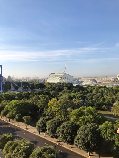 This is a vertical, high-angle shot of a cityscape with a clear blue sky and wispy clouds. The scene is dominated by lush green trees bordering a road. In the background, modern architectural structures, likely part of a city complex, are visible, including a distinctive building with a white, arched roof and a glass facade. Further in the distance, a hazy view reveals more buildings and what appears to be a port or industrial area with cranes.
The road has clear white markings and a paved pedestrian path runs alongside it, shaded by the trees. Streetlights are present along the path. The time of day appears to be late afternoon or early evening, given the long shadows cast by the trees and the warm sunlight. The weather is clear and sunny. The location is identified as Valencia, Spain, and the architectural style suggests the City of Arts and Sciences. No people are clearly discernible in the image.
