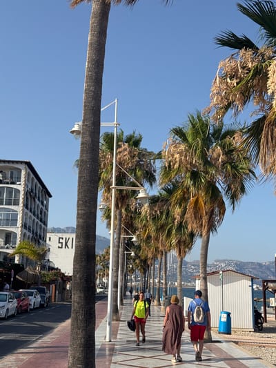 The image depicts a sunny day in Altea, Spain, likely in the late morning or early afternoon, given the bright sunlight and clear blue sky. The scene is a waterfront promenade lined with palm trees.
Several people are visible on the promenade. In the foreground, a person wearing a yellow vest and red shorts is walking away from the camera. Further up the promenade, two other individuals are seen walking. One is wearing a brown, cape-like garment and a hat, while the other, a man in a blue t-shirt and red shorts, is carrying a backpack.
The setting is a paved walkway with a distinct geometric pattern. Beyond the walkway, there is a body of water, likely the Mediterranean Sea, and a distant coastline with hills or mountains. On the right side of the promenade, a white building with blue trim and a blue trash bin are visible. Further in the background, a multi-story building with arched windows and balconies can be seen.
A notable detail is a large white building with black lettering that reads "SKI" in reverse. The presence of palm trees, the architecture of the buildings, and the mountainous coastline suggest a Mediterranean coastal town, consistent with the Altea, Spain location. The overall mood of the image is peaceful and leisurely, typical of a warm day at a seaside resort.