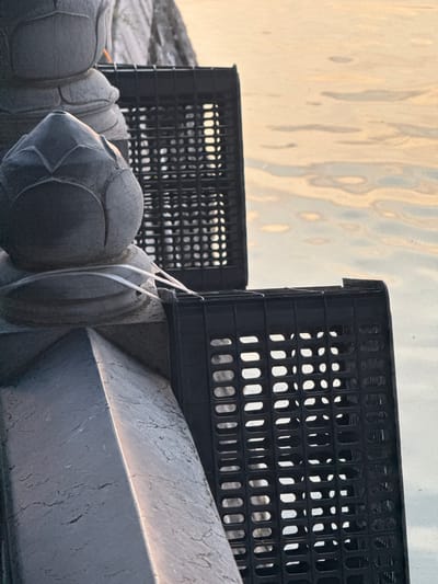 Two black plastic crates are visible, one slightly behind the other. The crates have a grid pattern with rectangular holes. To the left of the crates are parts of stone structures, one with a textured, angular surface and another with a rounded, carved element that resembles a lotus bud. In the background, the surface of water reflects a pale, warm light. The scene appears to be outdoors, possibly near a body of water in a city.