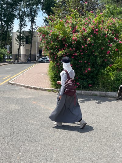 A person dressed in a long grey skirt, white shirt, and black cap walks along a paved sidewalk next to a street in Changchun City, China. The person carries a maroon bag. Lush greenery and a bush with pink flowers line the sidewalk. A building and street with cars can be seen in the background.