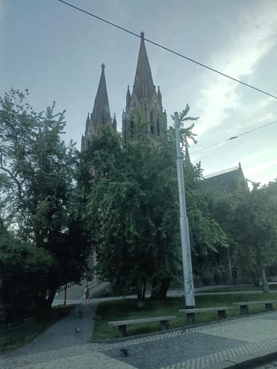 The image depicts the St. Vitus Cathedral, a prominent landmark in Prague, Czechia. The cathedral's Gothic spires are visible against a cloudy sky, with lush green trees partially obscuring the facade. A person is seen walking up a wide staircase in the foreground, leading towards the cathedral. The area surrounding the cathedral features a park with benches and paved pathways. Overhead, power lines are strung across the scene, suggesting an urban setting. The overall impression is a serene, slightly overcast day at a historical site.