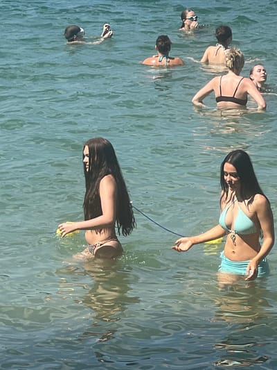 The image shows a group of people in the water. The subjects appear to be women wearing swimsuits. The scene is set in a body of water, likely a lake or the sea, with clear, rippling blue-green water. Several individuals are partially submerged, with some swimming and others wading.
In the foreground, a woman with long dark hair is swimming. She is wearing a bikini and appears to be holding a yellow object, possibly a buoyancy aid or toy. Her expression is not clearly visible. Behind her, and slightly to the left, another woman is visible, also in the water. Further to the left and behind them, a group of three other individuals are swimming or floating. One of them is wearing a black bikini, another a lighter colored bikini, and a third has blonde hair. The image is taken from a high angle, looking down onto the water.
The lighting suggests it is daytime, likely sunny, given the reflections on the water. The water's surface is disturbed by ripples, indicating some movement. The overall impression is one of leisure and recreation in a natural water setting. There is no visible text in the image. The location is Vilnius, Lithuania.