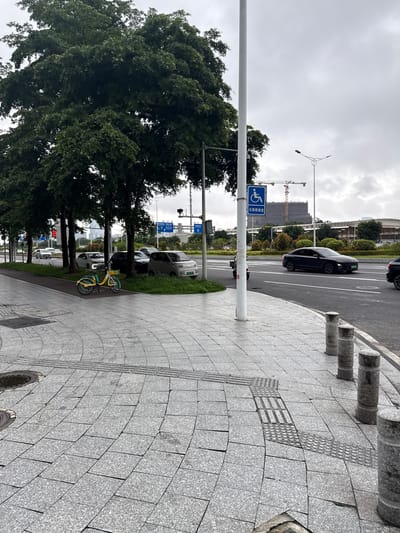 The image depicts a street scene in Haizhu District, China, on a cloudy day. In the foreground, a pedestrian sidewalk paved with grey granite tiles curves towards the right. Tactile paving for the visually impaired is visible on the sidewalk. Several cylindrical bollards made of grey stone line the edge of the sidewalk. A bright yellow and blue shared bicycle is parked on the grass verge beside the sidewalk.
Behind the sidewalk, a row of lush green trees forms a natural barrier along the street. Several cars, including a grey sedan and a light grey hatchback, are parked or moving on the road. A traffic light is visible in the distance.
Further down the road, a dark-colored sedan is driving on the right side of the road. Across the street, a blue sign with a white wheelchair symbol and Chinese text indicates a disabled access area. Construction cranes and unfinished buildings are visible in the background, suggesting ongoing development. A street lamp with a distinctive design stands tall on the right side of the road. The sky is overcast, with a muted grey hue.