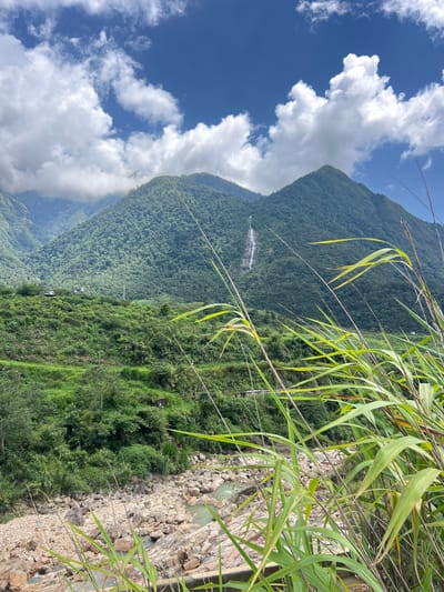The image captures a scenic view of a mountainous landscape in Bình Lư, Vietnam. In the foreground, tall, green reeds or grasses are swaying, partially obscuring the view. Beyond the reeds, a rocky riverbed is visible, with a shallow, greenish river flowing through it. The riverbanks are covered in a mix of rocks and vegetation.
The middle ground of the image features a lush, green hillside dotted with trees and shrubs. Terraced farming or landscaping is evident on the slopes. A few man-made structures, possibly buildings or communication towers, are visible on the hillside.
In the background, imposing, densely forested mountains dominate the scene. A thin waterfall cascades down the side of one of the mountains, appearing as a white streak against the green foliage. The sky above is a vibrant blue, punctuated by scattered, fluffy white clouds. The overall impression is one of natural beauty and a rural, mountainous environment.