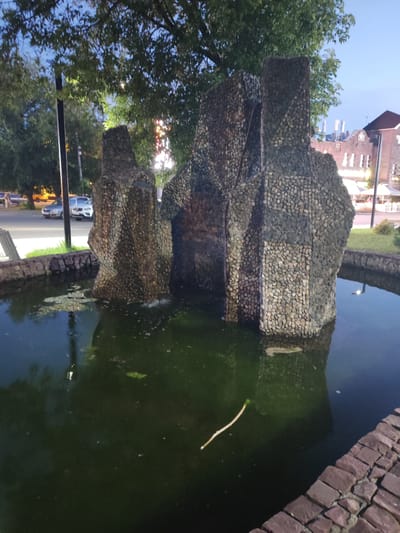 The image depicts a stone fountain with multiple rocky protrusions in a dark, murky pool of water. The fountain is located outdoors, with a street and buildings visible in the background, suggesting an urban setting. Trees with green foliage frame the top of the image, and the sky appears to be twilight or early evening. A brick border surrounds the fountain. The scene is in Shchyolkovo, Russia, based on the provided information. There are no people clearly visible in the image. Cars are parked on the street in the background. The water in the fountain appears still, with some debris floating on the surface.
