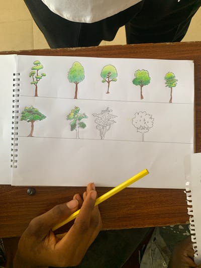 An overhead shot captures a spiral-bound notebook open on a wooden desk. The notebook displays a series of hand-drawn trees, rendered in colored pencil and graphite. The first row contains five trees, each with a brown trunk and green foliage, varying in shape and style. The second row presents four more drawings: two colored trees, one in graphite showing intricate branches, and another in graphite with a rounded outline. The bottom portion of the image shows a person's dark-skinned hand holding a yellow pencil, poised over the notebook. The desk's surface is a dark wood, showing some wear and tear. The background is blurred, suggesting an indoor setting, possibly a classroom or study area. The location of Ukukwa, Nigeria is not determinable from the image.