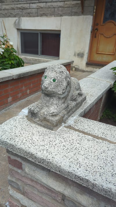 A close-up, eye-level shot shows a weathered stone statue of a lion with green glass eyes, resting on a speckled concrete ledge. The statue is positioned in front of a house with a stone facade and a rustic wooden door. The background includes a window, greenery, and a brick wall, suggesting an outdoor setting. The overall impression is one of age and quietude. The specific location is the exterior of a residence on St. Denis Street in Montreal, Canada.