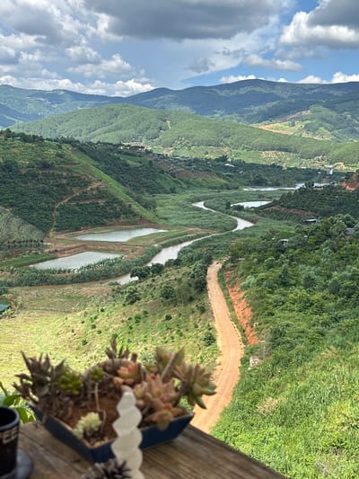 The image depicts a scenic view of rolling green hills and a winding river, likely in or around Thôn 3, Vietnam, given the context of the prompt. In the foreground, a dark blue planter holds a collection of succulents, with a black coffee cup and saucer to the left. A white crystalline object and a pinecone are also visible on the wooden surface. Beyond the planter, a dirt road curves down a lush green hillside. The middle ground features a river and several bodies of water, possibly fish farms or reservoirs, nestled amongst verdant vegetation. The background showcases more undulating hills covered in dense green forests, with a hazy sky overhead punctuated by white clouds. Scattered houses and structures are visible on the hillsides, suggesting a rural or semi-rural setting. The overall scene conveys a sense of tranquility and natural beauty.