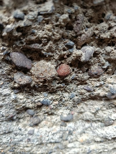 The image is a close-up, low-angle shot of a rough, grey concrete surface studded with various sized pebbles and small stones. The texture is uneven and granular, with some parts appearing smoother and others more jagged. The pebbles are of different colors, including grey, black, brown, and a few reddish-brown ones. The lighting suggests an outdoor environment, possibly on a slightly overcast day, given the diffused light and absence of harsh shadows. The scene is consistent with the exterior of a building, wall, or paving stone found in an urban setting. The photograph does not contain any people or indicate any specific actions or interactions. While the image depicts a common urban material, its specific location in Depok, Indonesia, cannot be determined from the visual information provided.