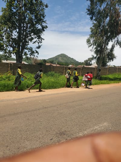 In Gwolong, Nigeria, four children in school uniforms are walking along a dirt road, bordered by lush green grass and a brick wall. The children are dressed in plaid skirts and yellow tops, with two wearing backpacks. One child is carrying a cardboard box. In the background, a mountain covered in greenery rises under a bright blue sky with scattered clouds, suggesting a sunny day. The scene appears to be captured in the late morning or early afternoon. The children's posture and the presence of backpacks suggest they are on their way to or from school. The overall mood is peaceful and suggests a typical day in a rural Nigerian community. There is some text on the cardboard box, but it is not legible.