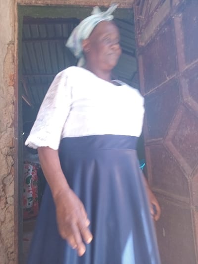 An older individual is captured in what appears to be a vertical, slightly rotated shot, positioned within an opening that resembles a window or doorway. The person is dressed in a white long-sleeved top, possibly with lace detailing on the sleeves, and a dark blue or black long skirt. A light-colored head covering, possibly a scarf or shawl, is visible on their head. Their skin tone is dark. The individual's gaze seems directed slightly upwards and to the left of the frame, with their facial features appearing somewhat blurred.
The setting appears to be a simple, perhaps rustic, structure. The opening they are in has a textured, possibly metallic or wooden frame that looks weathered or aged. Through the opening, behind the person, some patterned fabric (red, white, and green floral/paisley design) can be seen, suggesting an indoor background. Above the person, the ceiling or roof structure is visible, made of corrugated metal or similar material, also showing signs of age.
The lighting is bright, indicating it is daytime. No specific activity beyond standing or looking is clearly discernible. The overall impression is of a casual moment in a simple environment, consistent with locations in rural or less developed areas like Burundu, Kenya. There is no visible text in the image.