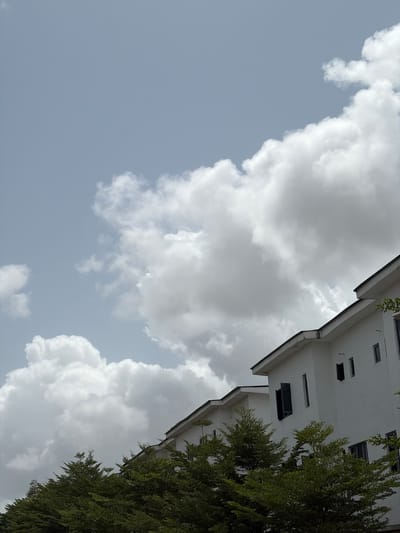 The media file presents an outdoor photograph captured with a 90-degree counter-clockwise rotation, giving an unusual perspective. The scene is dominated by a bright sky, featuring large, billowy white cumulus clouds that occupy a significant portion of the frame, especially on the left and central areas. Patches of lighter blue-grey sky are visible between and around the clouds.
On the right side of the image, a white, modern multi-story building is partially visible. Due to the image's rotation, the building appears to extend diagonally from the top-right corner towards the bottom-right. It exhibits a minimalist architectural style with several dark, rectangular windows or openings spaced across its facade. A dark eave or roofline is also discernible along its upper edge.
Adjacent to the building, along the far right edge, there is a dense cluster of vibrant green tree foliage, which partially overlaps the building and extends across the right side of the frame.
The bright lighting and distinct cloud formations indicate it is daytime, likely a clear or partly cloudy day. There is no visible human activity or discernible text within the image. The overall impression is one of a calm, expansive sky contrasting with architectural and natural elements, presented from a unique, almost abstract, upward-looking perspective. The location context is Igboefon, Nigeria.
