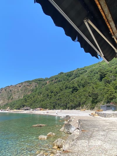 The image depicts a coastal scene with a view of a pebble beach leading into clear, shallow water. A lush green, tree-covered mountainside rises steeply in the background. In the foreground, a concrete walkway paved with small stones extends from the right side of the frame towards the water. A small, gray building with a light-colored roof is visible on the beach, adjacent to a stack of wooden planks and a stone wall. Several beach umbrellas and lounge chairs are set up on the beach, and a few small groups of people are scattered along the shoreline. The sea is calm, with visible rocks and pebbles beneath the surface. A black awning extends into the top of the frame from the upper right corner, casting a shadow. The sky is a clear, bright blue. This scene is located in Prijevor, Montenegro.