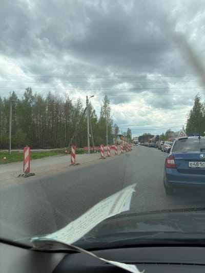 The image depicts a road scene in what appears to be Novoe Devyatkino, Russia. A blue Skoda car with the license plate "E481CC" is visible. The road is lined with red and white striped barriers, suggesting construction or roadwork. A line of vehicles is visible ahead, indicating traffic. The sky is overcast with grey clouds. Trees line the side of the road. Power lines run above the road. The photograph was likely taken from inside a car.