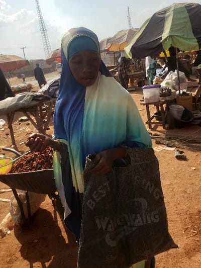 The image depicts an outdoor market scene in Adonkolo, Nigeria, under a partly cloudy sky. In the foreground, an adult female with dark skin, wearing a blue and light blue gradient hijab and matching top, stands with a neutral expression, looking slightly to her right. Her right hand holds several small reddish-brown objects. Her left hand grasps a dark, coarse fabric bag, partially obscured, with white text displaying "BEST FING KAIWANG". To her immediate left is a metal wheelbarrow filled with a large quantity of reddish-brown granular material, identical to the items in her hand, with a yellow plastic bucket resting on the wheelbarrow's edge. The ground is dry, reddish-brown earth with scattered debris. In the mid-ground and background, several market stalls are visible, sheltered by large umbrellas, including a green and white striped one and a solid brown one. These stalls feature various goods displayed on wooden structures. Multiple individuals are present in the background, including a person in a dark garment walking in the mid-distance. A tall, metal lattice transmission tower is prominent in the far background against the sky, along with utility poles.