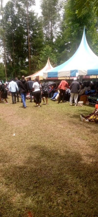 The image shows a group of people gathered in a grassy area under two tents, one blue and white and the other brown and white. The people are standing and sitting. The scene is a large grassy area with trees in the background. The location is near the coordinates of Burundu, Kenya, which is latitude 0.46, longitude 34.776. The image is taken from a low angle.