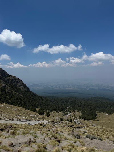 An upward-angled outdoor shot depicts a landscape with a vibrant blue sky dotted with puffy white clouds on the left. The horizon line is obscured by a hazy, greyish-white layer. A steep hillside covered in dark green vegetation rises from the bottom, transitioning into lighter, tan-colored grassy terrain higher up. The environment appears natural, likely a mountainous region. There are no people visible. Based on the instructions given, this image is in Guadaloupe, Mexico.