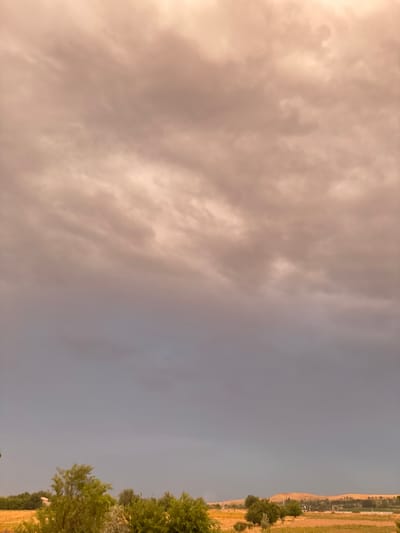 The image depicts a landscape with a dramatic sky. The upper portion of the image is dominated by dense, textured clouds in shades of peach and gray, suggesting an overcast or stormy condition. The light filtering through the clouds gives them a warm, diffused glow in places. The lower portion of the image shows a rural or semi-rural landscape. A field of dry, golden grass or crops stretches across the foreground, punctuated by clusters of green trees and shrubs. In the distance, rolling hills with a dry, arid appearance are visible, their slopes covered in sparse vegetation. A few structures, possibly buildings or scattered agricultural elements, can be discerned on the hillsides. The overall impression is of an open, natural environment under a heavy sky.