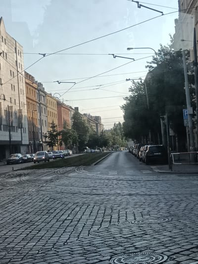 This media file captures a view of a city street lined with buildings and trees, likely in Prague, Czechia. The street is paved with cobblestones and features tram tracks. Several cars are parked along the street and moving in traffic. In the background, taller buildings with multiple windows are visible, with a clear sky above. The presence of overhead wires suggests an active tram system. The lighting indicates it's daytime, possibly late afternoon or early morning due to the soft sunlight. The scene is a typical urban streetscape, with no prominent people or specific events depicted. A blue parking sign is visible on the right side of the street, but any text on it is not legible.
