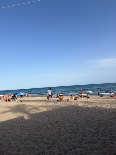 A wide shot shows a crowded beach in Cambrils, Spain, on a sunny day with a clear blue sky. The foreground is dominated by sand with a prominent shadow from palm trees. The middle ground features a strip of beach with numerous people sunbathing, sitting in chairs, and lounging under umbrellas. Some individuals are wading in the shallow water. The background consists of the blue sea and a distant horizon. Several blue and green beach umbrellas are visible among the beachgoers. In the right-middle ground, a man in a white t-shirt and shorts walks across the sand carrying items. To his left, under a blue umbrella, a group of people are seated, and a person in a red shirt stands. The overall scene depicts a vibrant beach atmosphere.