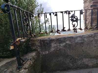 This image shows a railing adorned with numerous love locks, a common practice in many tourist locations. The railing is made of black metal and is positioned on a stone ledge overlooking a body of water, likely a harbor with docked boats visible in the distance. Behind the railing, lush green foliage, possibly olive branches, creates a vibrant backdrop. The sky is overcast with diffused light, suggesting a cloudy day, perhaps late afternoon or early morning.

The love locks, varying in size, color, and condition, are attached to the railing by couples as a symbol of their enduring love. Some locks appear new and shiny, while others are old, weathered, and possibly rusted. Many of the locks are clustered together, creating intricate patterns and adding to the visual interest of the scene. Among the locks, a few have visible engravings or markings, though no specific text is clearly legible.

The stone ledge in the foreground shows signs of age and weathering, with cracks and rough textures, hinting at the historical nature of the location. The overall atmosphere conveyed is one of romance and sentimentality, juxtaposed with the natural beauty of the seaside setting and the weathered, historical elements of the structure. The scene is static, focusing on the symbolic objects and the scenic view.