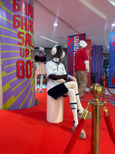 This image depicts a retail store display featuring mannequins in athletic wear, set against a vibrant backdrop of sale advertisements. A large cylindrical pillar on the left is adorned with a "GRAND SALE UP TO 80%" graphic, characterized by bold red lettering on a purple and yellow sunburst pattern. To the right, two mannequins are showcased. The first mannequin, positioned centrally, is seated on a white cylindrical pedestal, wearing a white Nike athletic jersey with dark trim, a black skirt, white socks with navy blue accents and branding, and white sneakers. It has a distinctive hairstyle with colorful braids and white fuzzy ear muffs.
Behind the seated mannequin, a second mannequin stands, dressed in a red long-sleeved shirt layered over a white long-sleeved undershirt, paired with khaki cargo pants and red sneakers. A white hood is pulled up over its head. Further to the right, a third mannequin is partially visible, wearing a white top.
The display is situated on a bright red carpet, creating a sense of urgency and excitement. A gold stanchion with a red velvet rope delineates the display area, adding a touch of premium presentation. In the background, other sale banners with "GRAND SALE" text are visible. The lighting appears to be from overhead fluorescent fixtures, typical of an indoor retail environment. The scene is clean and organized, aiming to attract shoppers. The image does not provide specific indicators of being located in Chiang Mai City Municipality, Thailand; however, the presence of international retail branding like Nike and the general store setup suggest a commercial setting common in urban areas worldwide.