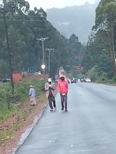 The image depicts a road scene in Nyansiongo ward, Kenya, under dim lighting conditions. A wet, paved road occupies the central foreground and recedes into the background. Two adult males walk away from the viewer on the right side of the road. The man on the left wears a light-colored cap, a light-colored jacket over a dark garment, and dark trousers, appearing to examine an item in his hands. The man to his right wears a red hooded sweatshirt and dark trousers. On the left dirt shoulder, an individual, wearing a light blue top and a patterned skirt, stands with their back to the viewer. Several utility poles with horizontal crossarms line the left side of the road; one pole features an illuminated light fixture. In the distant background on the road, multiple blurred vehicles are discernible. The immediate and distant environment is characterized by dense green foliage, consistent with trees and forested hills or mountains, bordering both sides of the road. A pile of reddish-brown earth or construction material is visible on the left side in the midground.