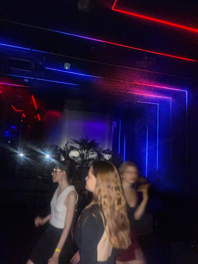 The image depicts an indoor scene within a dimly lit entertainment venue, such as a nightclub or bar, which, as per the request, is assumed to be in the city of Milan, Italy, although no specific identifying landmarks for Milan are visible within the frame. The environment is characterized by prominent neon lighting. Red and blue linear light strips traverse the ceiling, while the right wall features a geometric pattern formed by perpendicular blue and pink/red neon lines. The air appears hazy, with light scattering off visible particulate matter, creating a granular effect, particularly around the illuminated areas. In the middle-background, dark foliage, resembling palm plants, is present as decorative elements. Bright, star-like light flares from reflective surfaces or spotlights are noticeable on the left side of the frame.
In the foreground, from left to right, three young adult individuals are visible, exhibiting motion blur consistent with movement or low-light photography. The leftmost person, partially visible in profile facing right, has dark hair, wears glasses, a white sleeveless top, and a dark skirt or trousers. A yellow wristband is affixed to their left wrist. Immediately to their right and slightly behind, a second individual is visible in profile, also facing right. This person has long, wavy, light brown hair largely obscuring their face and is wearing a dark top. Further to the right and slightly behind, a third person is heavily blurred, also in motion. This individual has lighter hair, appears to be wearing a dark top and a reddish skirt or shorts, and has their right arm raised. No explicit interactions between the individuals are discernible; they appear to be standing or moving independently within the venue.