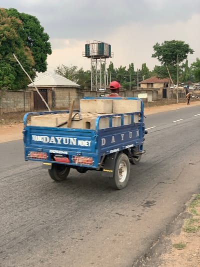 A blue, three-wheeled vehicle, labeled "YOUNG DAYUN MONEY", is loaded with rectangular objects and travels on an asphalt road. In the background, there's a water tower and several buildings. The weather appears overcast. Green trees line the side of the road, and a person can be seen walking in the distance.