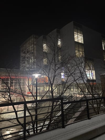 An asymmetrical white building illuminated at night contrasts with a dark sky. A bare tree's branches obscure part of the structure and foreground. The building's architecture features prominent windows revealing interior elements. To the right, a dark metal fence runs vertically along the edge of a snowy curb. A streetlight adds a bright spot in the middle ground, further highlighting the branches. The image is rotated on its side.