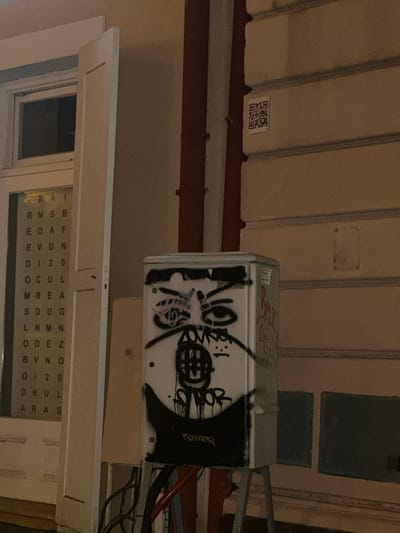 The image shows an outdoor scene at night, likely in Novi Sad, Serbia, featuring a graffitied electrical box and a partial view of a building facade. The electrical box, located in the foreground, is covered in black and white graffiti, including stylized eyes and a mouth, and what appears to be lettering. To the left of the electrical box, a portion of a building is visible, with a door or window covered by a translucent material displaying a grid of letters and numbers. Further to the right on the building's facade, a QR code is affixed to the wall. The overall environment is dimly lit, suggesting it is nighttime, and the building appears to be constructed with textured walls.
