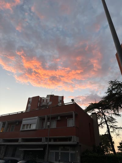 A photograph captures a segment of an urban landscape at sunset, with a dramatic sky filled with clouds tinged with orange and pink hues. In the foreground, the upper floors of a reddish-brown brick building are visible, featuring several windows, balconies, and air conditioning units. A streetlamp stands prominently on the right side of the frame, extending upwards. To the right of the building, the silhouette of a large tree with dark foliage is present. The background is dominated by the colorful sky, with faint hints of blue and grey. The image appears to be taken in Rome, Italy, given the architectural style and the context of the photographer. There are no people or animals visible in the frame, and no actions or interactions are depicted. The scene is static, focusing on the interplay of light and architecture against the backdrop of a vibrant sunset.