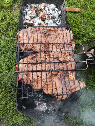 This media file shows a close-up, high-angle view of steaks grilling on a barbecue in an outdoor setting, likely in Novo-Ursaevo, Russia. The scene is set against a backdrop of green grass, suggesting a casual outdoor gathering or a meal prepared in a rural or suburban environment.

The primary subjects are several raw steaks placed on a black metal grill grate. The steaks appear to be well-marbled, and some have been seasoned with spices. They are positioned over hot coals and embers within a dark, rectangular barbecue pit. Smoke is visible rising from the grill, indicating the cooking process is underway. The grill grate itself is also black metal, with a wire mesh design, and it is supported by black metal handles.

The background consists of lush green grass, which appears slightly damp, hinting at recent rain or dew. The lighting suggests it might be daytime, possibly overcast or late afternoon, as there are no harsh shadows. To the right of the grill, a dark object, possibly a shoe or sandal, is partially visible, suggesting the presence of a person or people nearby, though no individuals are fully depicted. A piece of light-colored wood is also visible in the upper right portion of the frame, resting on the grass near the barbecue.

The overall mood conveyed is one of a relaxed outdoor cooking experience. The focus on the grilling steaks and the surrounding natural environment evokes a sense of rustic simplicity and enjoyment of a shared meal. There is no visible text in the image.