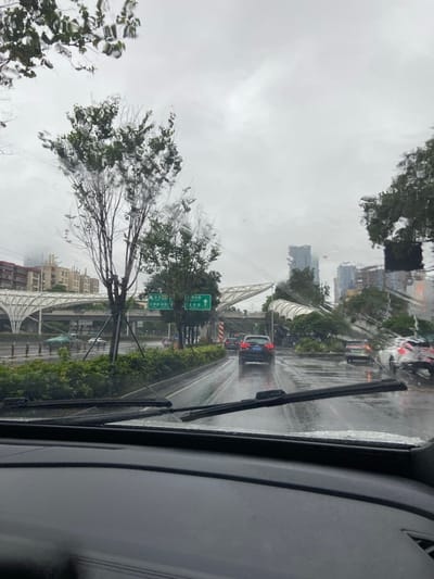 The image captures a view from inside a vehicle on a rainy day, looking through a wet windshield. The scene depicts a city street in Luohu District, China, with traffic moving on a wet road. Green signage with Chinese characters is visible, indicating directions. Trees with green foliage and bare branches line the roadside, and a modern architectural structure with a white, tent-like canopy spans over the road. Several vehicles, including cars and what appears to be a SUV, are on the road, some with their headlights on. The sky is overcast and gray, consistent with rainy weather. Buildings are visible in the background, suggesting an urban environment. The windshield wipers are resting in their park position.
