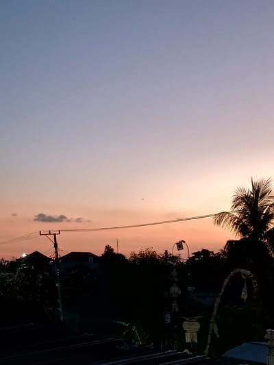 This image captures a serene sunset scene in Mengwi, Indonesia. The sky transitions from a soft, muted blue on the left to a warm, peachy orange on the right, indicating the sun is low on the horizon. Silhouetted against this colorful sky are the dark shapes of trees, including the distinctive fronds of a palm tree in the upper left.

Several man-made elements are visible, suggesting a rural or semi-urban setting. A utility pole with wires stretches across the frame, its dark structure stark against the fading light. A small, dark cloud is visible in the mid-right portion of the sky. In the darker, right side of the image, more detailed silhouettes of buildings and possibly structures like statues or monuments are discernible, though indistinct due to the low light. A faint light bulb is visible in the lower right.

The overall mood is peaceful and tranquil, typical of a sunset. The warm colors evoke a sense of calm and the end of the day. No people are visible in the frame. The image is oriented vertically, as if taken with the camera held upright. There is no visible text.