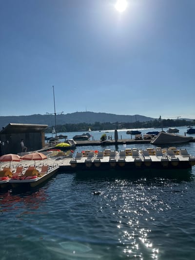 This is a photograph of the Zurichhorn boating area on Lake Zurich in Zurich, Switzerland, taken on a sunny day. The foreground shows several pedal boats docked on a wooden platform, some with orange umbrellas. A person is standing near a small boathouse on the left. In the middle ground, more docked boats and a larger pier are visible, along with a person standing near the boathouse. The background features the lake, hills covered in trees, and buildings in the distance, with a clear blue sky and bright sun overhead. The water is calm with sparkling reflections of the sun.
