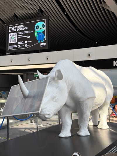This media file captures a large, white rhinoceros sculpture, likely made of plaster or a similar material, positioned indoors. The sculpture is detailed, with textured skin and distinct features like horns and legs. It is placed on a dark, reflective surface.

In the background, architectural elements suggest a modern, indoor public space. There are ribbed, dark ceiling structures and white vertical columns. On the left side of the image, a black digital display screen is mounted, featuring a cartoonish alien character and text in English and Chinese. The text includes instructions to "STOP STARING AT THE SCREENS!" and encourages scanning a QR code to receive "real-time flight updates via WhatsApp." It lists services such as "REAL-TIME FLIGHT INFORMATION," "SHOP & EAT," "INFO & MAPS," and "LOUNGE." The display also shows the logo "APR AEROPORTI DI ROMA," indicating the location is Rome's Fiumicino Airport.

Visible text on the right side of the image is partially obscured but appears to be part of a caption or informational panel related to the sculpture, mentioning "numerous times" and "generates between 7 and."

In the upper right corner, parts of people are visible, suggesting they are observing the sculpture or moving through the space, but they are out of focus. A blue rope is also visible, possibly sectioning off an area. The lighting suggests an indoor environment, possibly during the day, with artificial lights illuminating the scene. The overall setting appears to be a public area within an airport, designed to be engaging and informative for travelers.