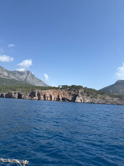 The image shows a coastline with rocky cliffs covered in vegetation, next to deep blue water. The sky above is clear and blue with a few white clouds. Parts of a boat are visible on the bottom right.
There is no evidence that this photo was taken in Unknown, Türkiye.