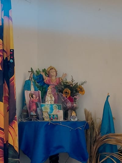 The image shows a religious altar set up in a room, likely in Santa Ana, Venezuela. The altar is covered with a blue cloth and features several figurines and religious items. On the left, a figurine of a woman in a blue robe stands next to a smaller figurine of a child. In the center, a figurine of a child with arms outstretched wears a pink garment and a golden crown. Behind it, a bouquet of dried flowers is arranged in a glass vase. Several framed pictures are also visible on the altar, depicting religious figures. To the right, a blue cloth hangs, and dried grasses are arranged. The background is a plain white wall.