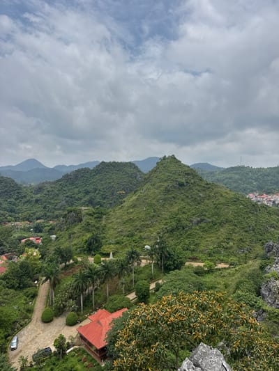 The image depicts a panoramic view of a mountainous landscape in Tam Thanh Ward, Vietnam. The foreground is dominated by lush green vegetation, with a prominent tree with yellow-tinged leaves in the lower right corner, obscuring a rocky outcrop. Below this, a cluster of buildings with bright red tiled roofs is nestled within the foliage. A paved pathway, lined with palm trees and manicured bushes, winds through the scene, leading to one of the red-roofed structures. A silver car is parked on the left side of this pathway.

In the midground, rolling green hills covered in dense vegetation rise steeply. A winding path is visible ascending one of these hills, marked with yellow lettering that reads "NUOC THANH." A small cluster of buildings with red roofs is visible in the distance, to the right of the midground hills.

The background is characterized by layers of hazy, blue-green mountains receding into the distance. The sky is overcast, with a mix of light and dark gray clouds. The overall impression is one of a verdant, tropical environment with human settlements integrated into the natural terrain.