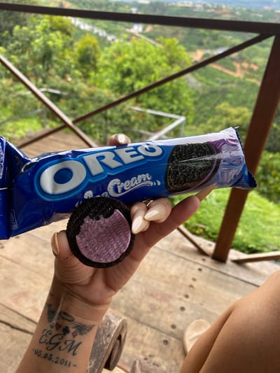 An overhead shot shows a person's hand holding a package of Oreo cookies and a single Oreo cookie. The cookie is dark chocolate with a pink cream filling and appears to be partially eaten. The background consists of lush green trees and foliage, suggesting a natural, outdoor setting. A wooden railing and deck are visible in the foreground and middle ground. The overall scene evokes a sense of relaxation and enjoyment in a scenic location.