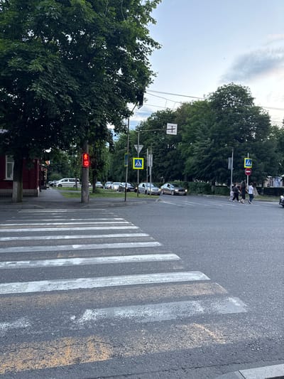 This media file captures a street scene in Vladikavkaz, Russia, likely during daylight hours given the sky's appearance, which is partly cloudy with some light filtering through. The perspective is from a low angle, looking up and across a street at a pedestrian crossing.

The primary subjects are several people crossing the street at a marked pedestrian walkway. Some are walking, while one individual appears to be carrying something. In the background, cars are visible, stopped or moving slowly, suggesting a typical urban traffic flow. Trees line the street, creating a green, leafy backdrop, and a traffic light with a red pedestrian signal is prominently displayed, indicating that pedestrians have the right of way or are in the process of crossing.

Notable details include the white stripes of the pedestrian crossing painted on the asphalt, some of which appear worn. A yellow traffic sign with a blue border and a white walking person symbol is visible, reinforcing the pedestrian crossing context. Another sign, circular with a red border and a white horizontal bar, likely signifies a prohibition. Power lines and poles are also visible in the background, typical of urban infrastructure. The overall mood appears calm and ordinary, depicting a common urban scenario. No specific text is clearly legible in the image, though signs are present.
