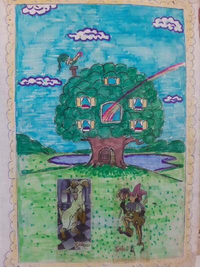 The image is a drawing of a whimsical landscape featuring a large, round, green tree with multiple windows and a door in its trunk. A rooster is perched on top of the tree. A rainbow arcs across the sky, which is colored blue with purple-outlined clouds. In the foreground, a grassy field contains a pond and rolling green hills in the background. On the left side of the field, a goat is depicted within a rectangular frame with a checkered floor. On the right side, a jester-like figure in a jester's hat and patterned clothing is shown with a staff. The drawing is bordered by a yellow and white scalloped edge and is on a piece of lined paper. The scene does not depict any recognizable landmarks or elements specific to the city of Semey, Kazakhstan.