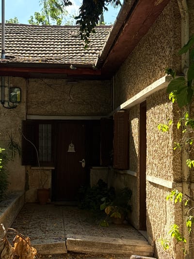 The image depicts the exterior of a house in Raanana, Israel, on a sunny day. The architectural style is characterized by rough, textured stucco walls and a tiled roof. The foreground shows a stone walkway covered with fallen leaves and petals. To the left, there is a recessed entrance with a dark wooden door, flanked by a window with wooden shutters. A bell hangs on the door. A terracotta pot with a sparse plant sits beside the entrance. To the right of the entrance, the wall of the house extends outward, also featuring the textured stucco finish. Green foliage from trees and plants is visible, casting shadows on the wall and walkway. The scene suggests a residential setting in an urban environment.
