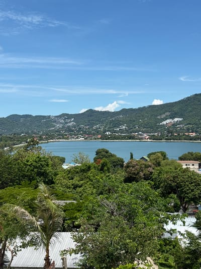 This is a vertical, medium-shot, high-angle landscape photograph taken from a slightly elevated position. The scene is set in the vicinity of Ban Bang Rak, Thailand, and depicts a serene coastal view on a clear day.
The upper portion of the image is dominated by a bright blue sky, adorned with wispy white clouds. Below the sky, a range of lush green hills forms the backdrop, with a sprawling town nestled on their slopes. White structures, indicative of residential buildings or resorts, are scattered across the hillside.
In the middle ground, a tranquil body of turquoise water stretches horizontally, reflecting the sky. Along the far edge of the water, a road or promenade is visible, lined with trees. The water appears calm, suggesting it could be a bay or a large lake.
The foreground is filled with dense, verdant foliage, primarily consisting of various trees and palm fronds. The leaves are a rich green, indicating a tropical environment. Among the greenery, glimpses of white rooftops of buildings can be seen, suggesting human habitation or structures are present within the lush landscape. The overall impression is one of natural beauty and peaceful coexistence between the environment and human settlement.