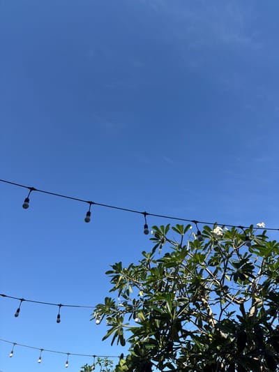 The image shows a clear blue sky in Mengwi, Indonesia, with two strings of lights strung across the frame. The top string of lights has four visible bulbs, while the bottom string has eight visible bulbs. A lush green tree with white flowers is positioned on the right side of the image, partially obscuring the sky and the string of lights. The lighting suggests it is daytime. There are no people visible in the image.