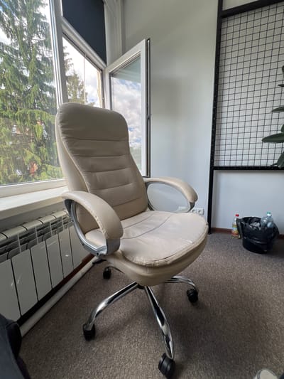 The image depicts an office chair situated next to a window. The chair is light beige and appears to be made of leather, with a five-wheeled base and metal armrests. It is positioned on a grey carpet. To the left of the chair, a white radiator runs along the wall beneath the window. The window itself offers a view of green trees and a cloudy sky, suggesting an outdoor environment. Partially visible to the right of the chair is a black metal grate structure and a black trash bin containing some items, including two plastic bottles and a red-capped bottle. The overall setting appears to be an indoor space, likely an office or a room in a building. There are no people visible in the image. The context of Poltava, Ukraine, is not visually discernible from the image itself.