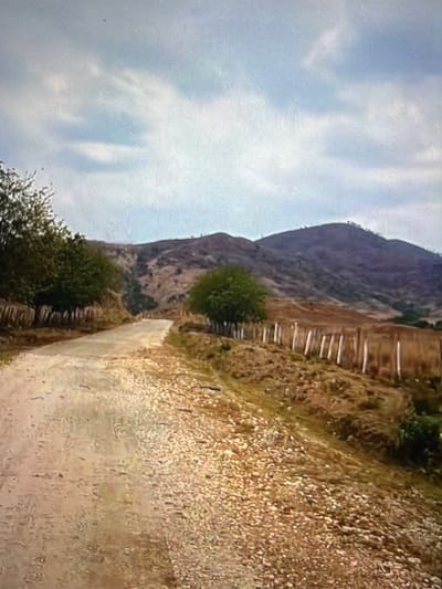 The image presents a rural, mountainous landscape, likely situated in Tinaquillo, Venezuela, under a partly cloudy sky during daylight hours. A winding, unpaved road, composed of dirt and gravel, dominates the foreground and extends into the distance, curving through the natural terrain.
To the left of the road, a steep, imposing mountain or large hill rises, its rocky slopes exhibiting patches of sparse vegetation. At the base of this mountain, and alongside the road, several clusters of green bushes and trees are visible. On the right side of the road, there is a distinct embankment or slope, characterized by dry, reddish-brown soil and numerous rocks, along with some parched vegetation. Embedded within this slope are several light-colored, horizontal structures, possibly remnants of terracing or simple barriers designed to manage the terrain.
The sky above features a mix of light blue areas and soft white clouds, suggesting fair weather. The overall scene conveys a sense of rugged natural beauty and remoteness. There are no people, animals, vehicles, or specific activities discernible in the image. No visible text is present. The image quality displays some pixelation, suggesting it might be a photograph of a screen or a low-resolution capture.